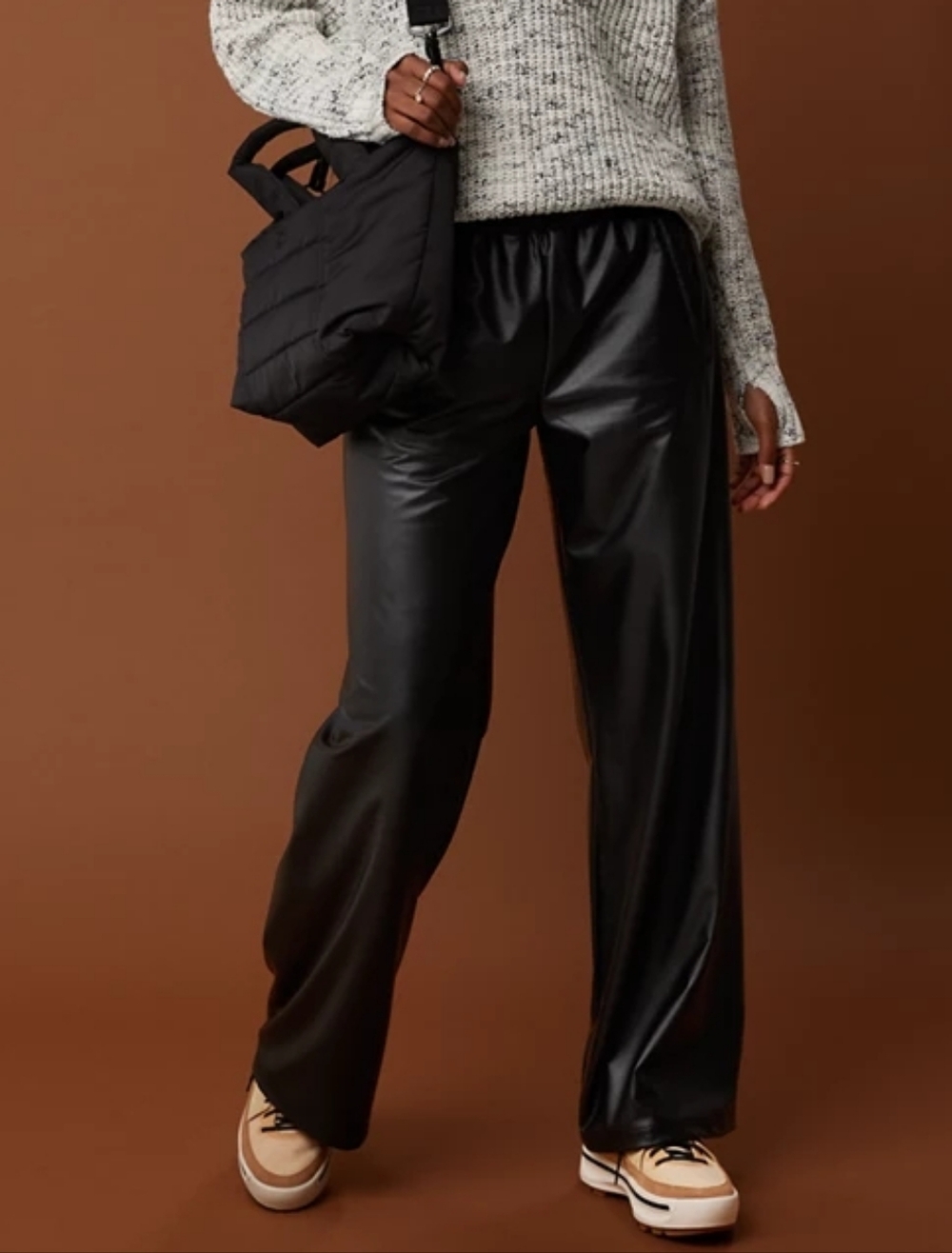 S Offline by Aerie Real Luxe Black Faux Leather Wide Leg Pants